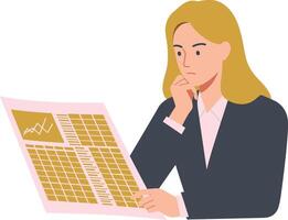 Woman in business suit analyzing financial report with charts and data in illustration vector