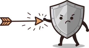 Animated shield character blocking arrow with determined expression illustration for security and protection concept vector