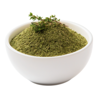 A bowl of green powder with a sprig of thyme png