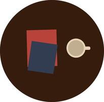 Coffee cup with stacked books on round dark brown table top view illustration calm and cozy scene vector