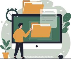Man Managing Digital Files on Computer Screen with Folder Icons and Desktop Plants Illustration vector