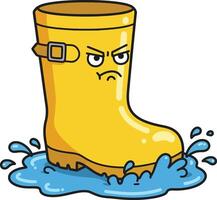 Yellow rain boot with angry face splash in water illustration for kids and weather designs vector