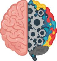 Human brain split with mechanical gears and colorful abstract design illustration for creativity and technology concepts vector