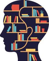 Human head silhouette filled with colorful bookshelf and books illustration creative concept for knowledge and learning vector