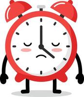 Red sad alarm clock character with sleepy eyes and black arms standing illustration vector