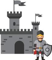 Medieval knight standing with shield in front of gray castle tower illustration vector