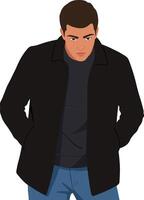 Man in black coat and blue jeans looking down with hands in pockets illustration vector