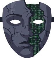 Cracked dark stone mask with digital binary code and futuristic cybernetic design illustration vector