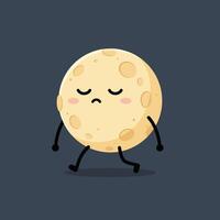 Sad cartoon moon character walking with closed eyes and blushing cheeks in dark background illustration vector