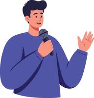 Man speaking with microphone in blue sweater presenting or performing illustration vector