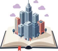 Open book with cityscape emerging from pages isometric design concept urban buildings and skyscrapers vector