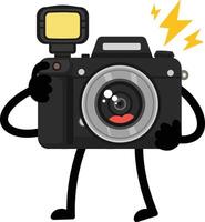Animated black digital camera with flash and expressive arms and legs illustration graphic vector