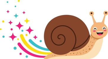 Happy snail with colorful sparkles and rainbow trail illustration for playful design and nature themes vector