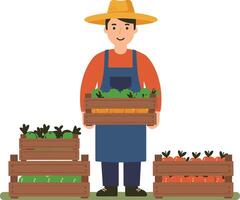 Farmer holding fresh vegetables in wooden crate with crates of produce around in flat style vector