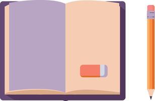 Open book with eraser and sharpened pencil stationery items for writing and drawing education supplies illustration vector