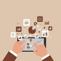 Business analytics with tablet and hands showing charts and graphs in brown and beige colors illustration vector
