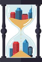 Hourglass with modern city buildings inside symbolizing time passing and urban development illustration vector