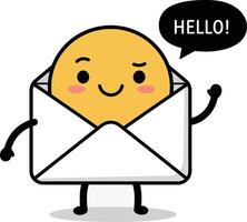 Smiling envelope character with yellow face waving hand greeting with hello speech bubble illustration vector
