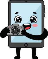Cute tablet character holding camera smiling digital technology device illustration vector