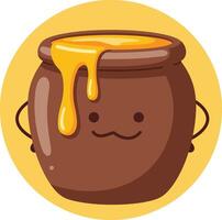 Cute honey pot with dripping honey illustration in warm yellow background graphic design vector