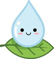 Cute smiling water drop cartoon character sitting on green leaf illustration with blue and green colors vector