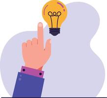 Hand with finger pointing at glowing light bulb symbolizing idea and innovation concept illustration vector