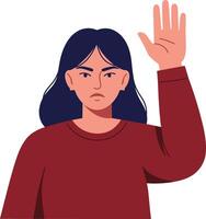 Woman with raised hand showing stop gesture in red sweater illustration with serious facial expression vector