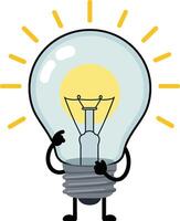 Light bulb character illustration with glowing yellow filament and expressive hands design vector