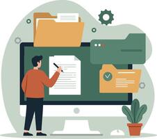 Man Working on Document Management System with Computer and Digital Files Illustration in Green Tones vector