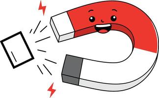Happy red and white horseshoe magnet attracting metal object illustration with smiling face vector