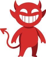Red devil cartoon character smiling with horns tail and sharp teeth illustration vector