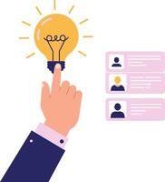 Hand selecting illuminated light bulb symbolizing idea and innovation in business communication illustration vector