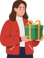 Woman holding green gift box with golden ribbon in casual red jacket and white turtleneck sweater illustration vector