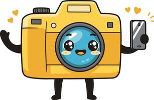 Cute yellow camera character holding smartphone taking selfie with smiling lens and small hearts illustration vector