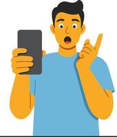 Man with surprised expression holding smartphone pointing finger illustration in blue shirt digital device usage vector