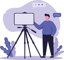 Man using camera tripod for recording and communication in casual setting illustration vector