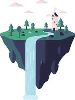 Floating island with waterfall and windmill surrounded by pine trees and clouds illustration vector
