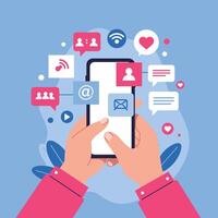 Mobile phone with social media icons and communication symbols in digital marketing and connectivity concept vector