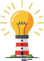 Lighthouse with glowing yellow light bulb symbolizing bright ideas and guidance illustration vector