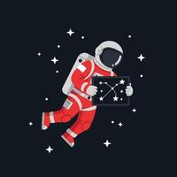 Astronaut holding star constellation chart in space illustration with floating figure and stars vector