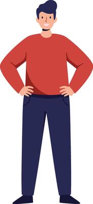Man standing confident with hands on hips wearing red sweater and blue pants illustration