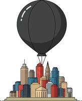 Hot air balloon floating over colorful city skyline with diverse building shapes and sizes illustration vector
