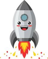 Cute smiling rocket ship blasting off with fiery flames and sparks in cartoon style illustration vector