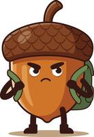 Angry acorn character with green leaves and brown cap illustration in cartoon style vector