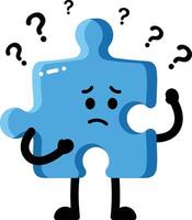 Blue puzzle piece character with confused expression surrounded by question marks illustration vector