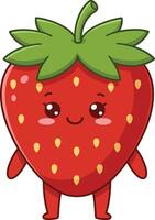 Cute happy strawberry character with green leaves and smiling face illustration vector