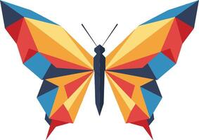 Polygonal butterfly with geometric orange blue and red shapes in symmetrical wing design vector