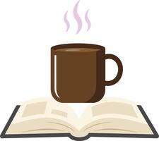 Coffee cup with steam rising on open book flat illustration for cozy reading and relaxation theme vector