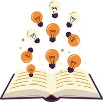 Open book with glowing light bulbs flying above creative learning and idea generation concept illustration vector