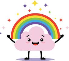 Cute smiling pink cloud character with colorful rainbow and sparkling stars illustration vector
